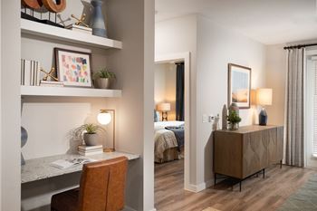 Built-in desks* and built-in wood shelving*